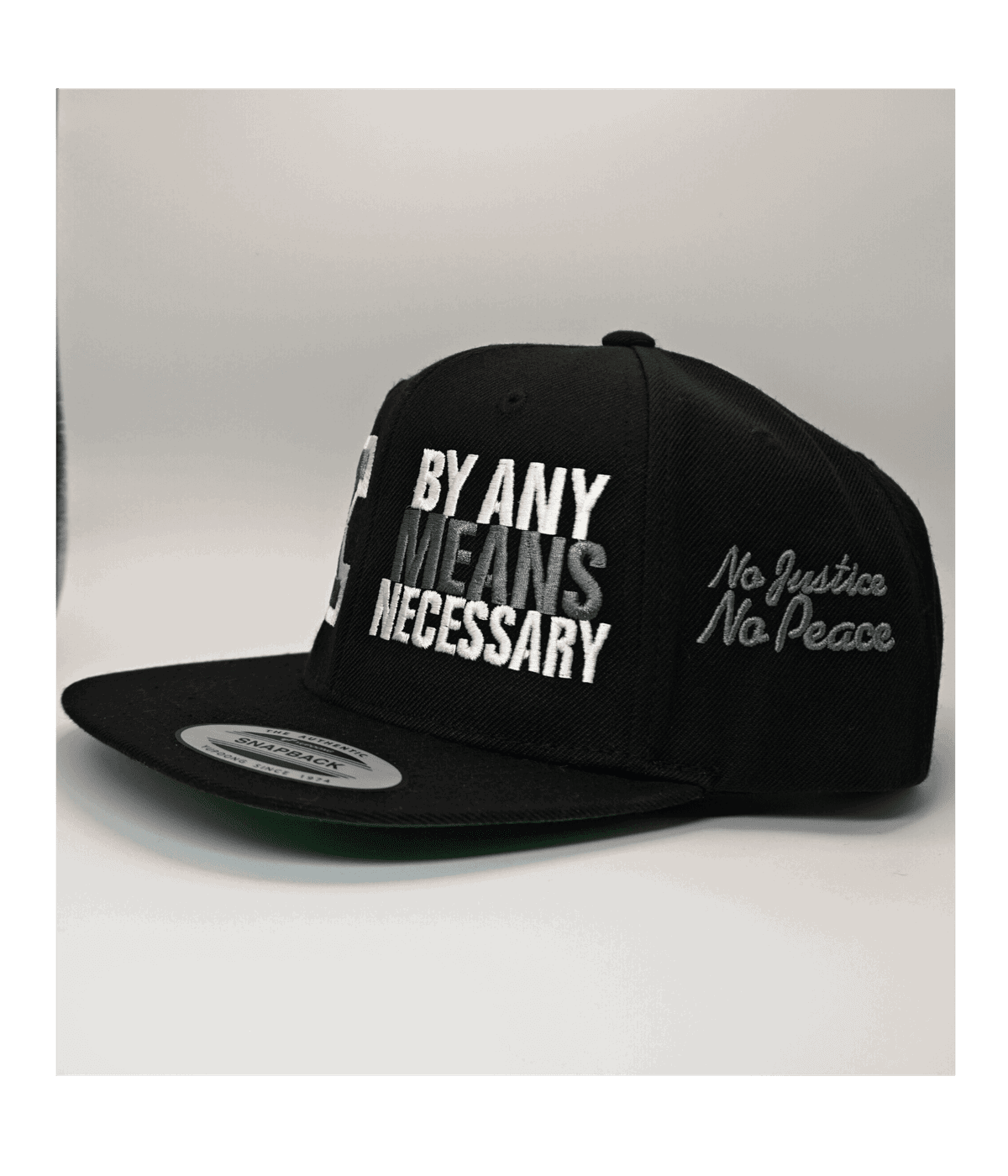 Malcolm X, By Any Means Necessary - Embroidered, Flat-Bill, Classic, Snap-Back Cap. ONE SIZE