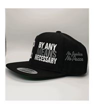 Load image into Gallery viewer, Malcolm X, By Any Means Necessary - Embroidered, Flat-Bill, Classic, Snap-Back Cap. ONE SIZE
