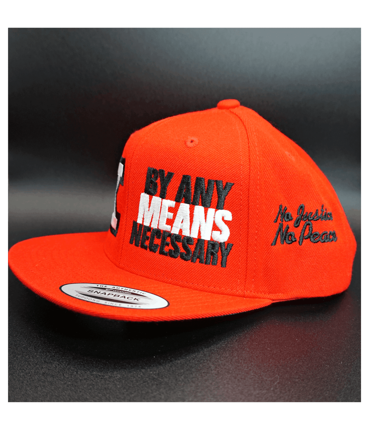 Malcolm X, By Any Means Necessary - Embroidered, Flat-Bill, Classic, Snap-Back Cap. ONE SIZE