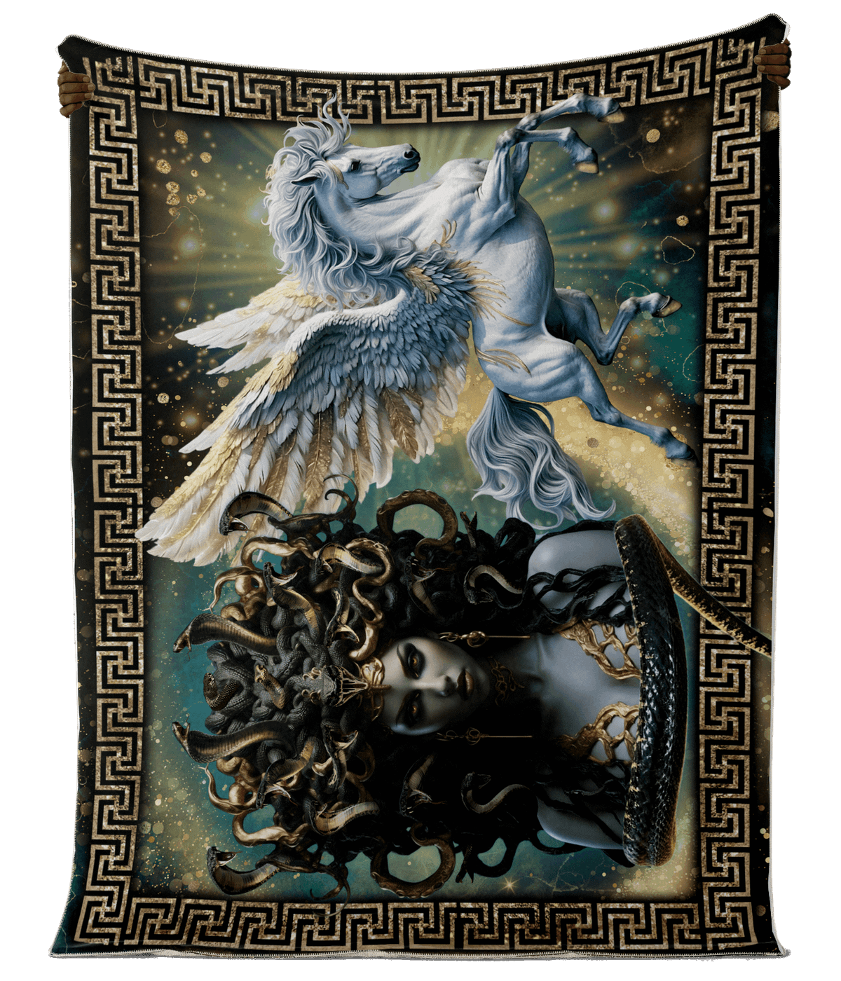 Medusa and Pegasus Greek Gods Blanket hanging vertically