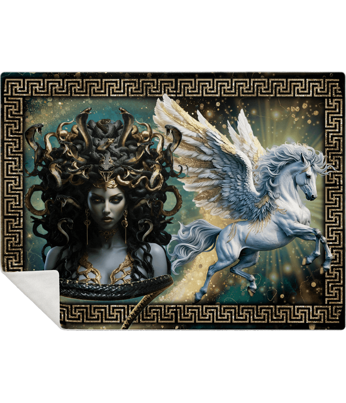  Medusa and Pegasus Greek Gods micro-fleece blanket with folded left corner front facing depiction.