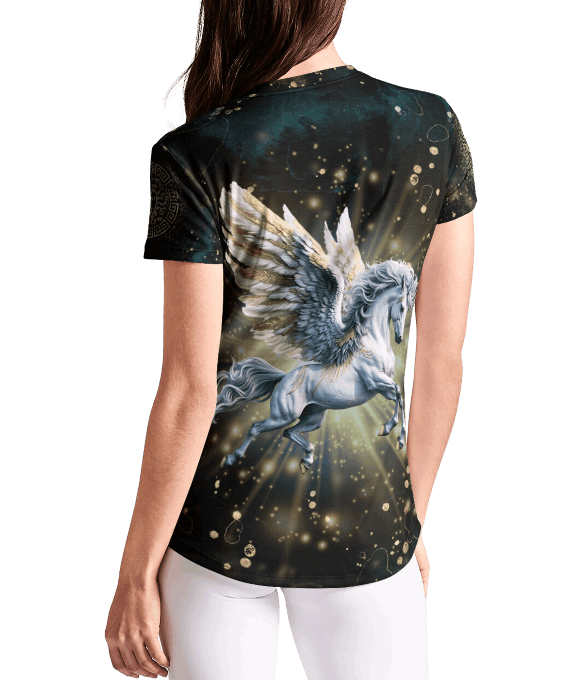 Medusa and Pegasus Greek Gods Women's Crew Tee back facing