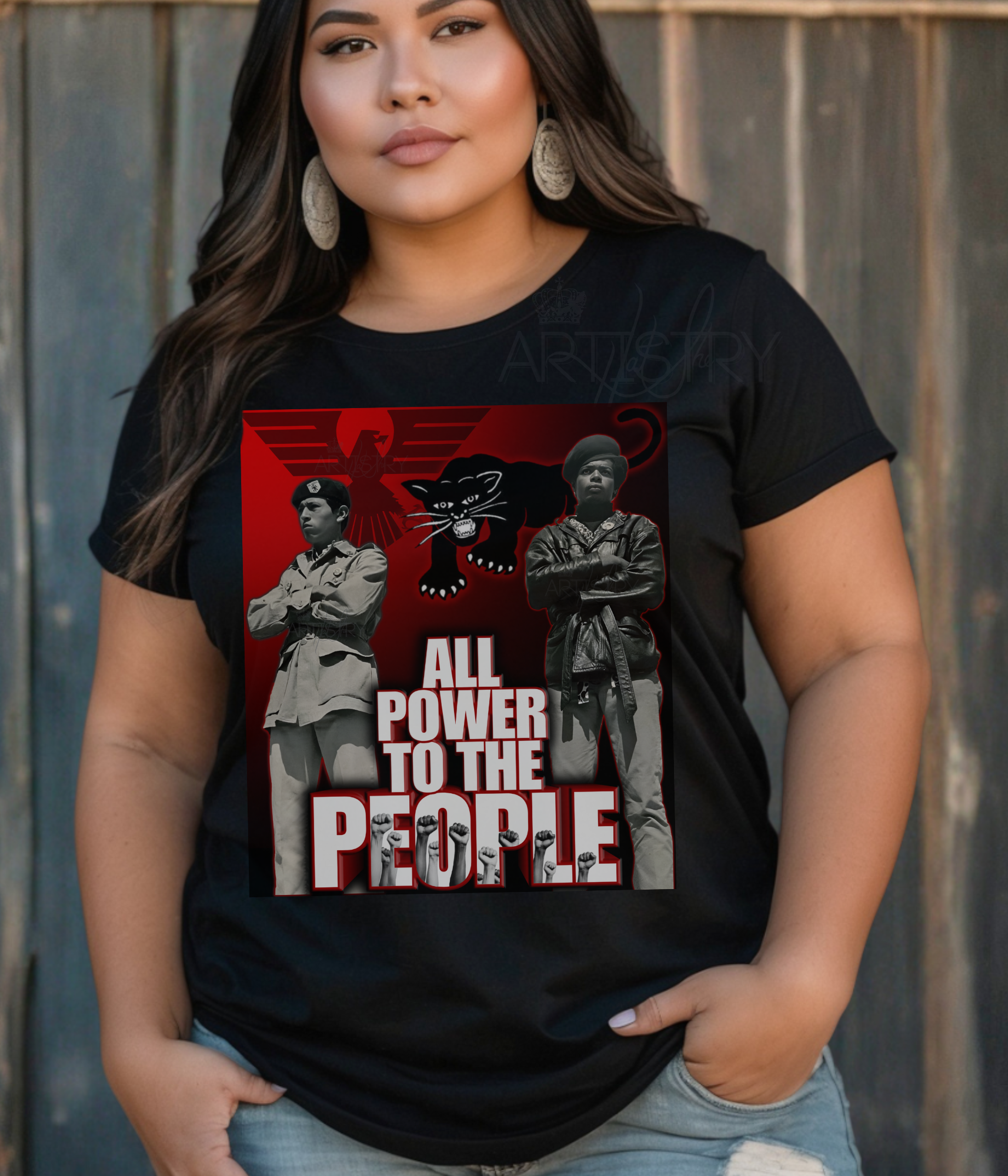 All Power to the People shirt, vintage 1970s photo of Black Panthers and Brown Berets in solidarity, Black and Indigenous owned activism apparel
