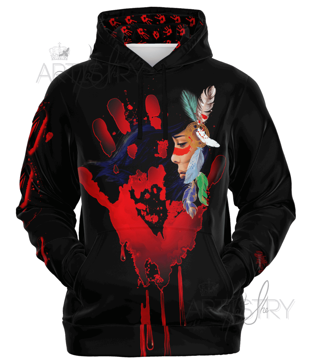 Front view of an Indigenous and Black-owned MMIW Unisex Hoodie featuring a vibrant red handprint and sacred feather design on medium-weight 95% polyester streetwear