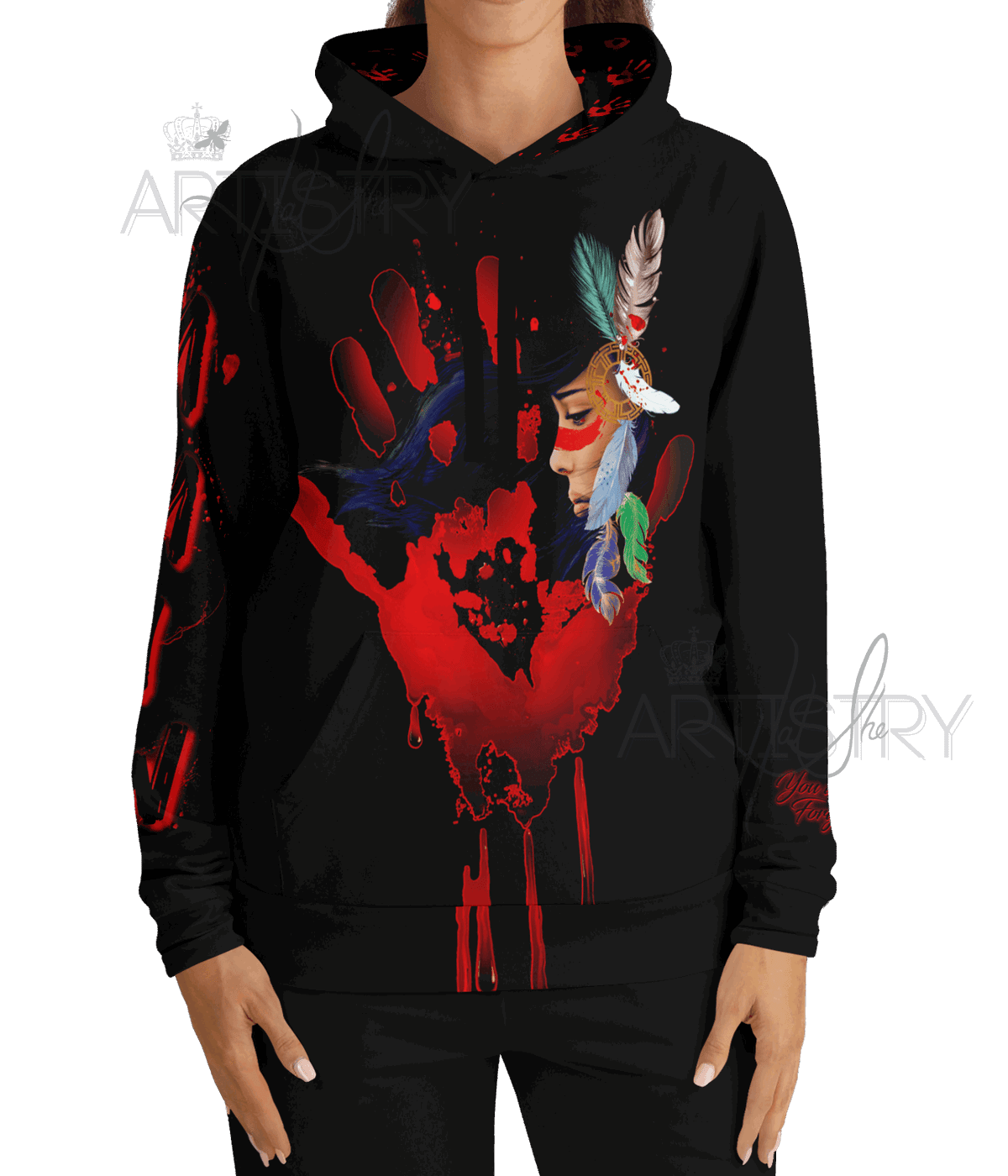 A person wearing the Indigenous-owned No More Stolen Sisters unisex hoodie in a medium-weight athletic fit, standing in solidarity for MMIW awareness.