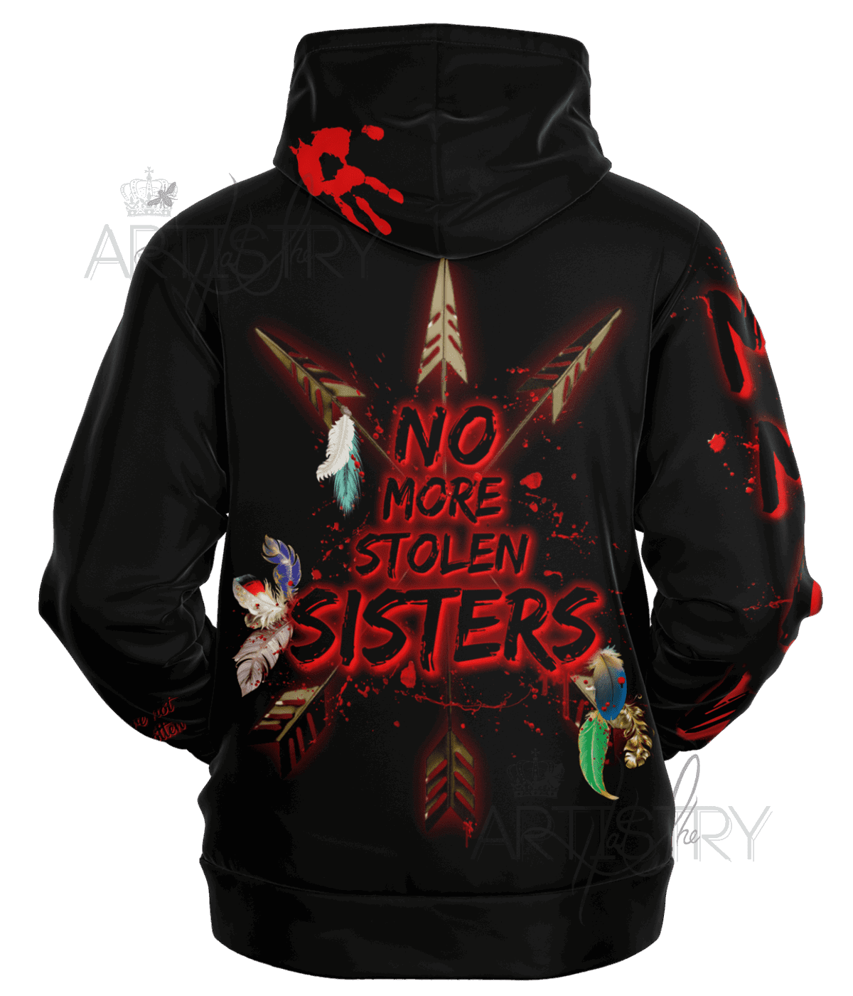 Back view of a black unisex activist hoodie with reinforced stitching and a double-lined hood, 95/5 performance blend by an Indigenous and Black-owned brand.
